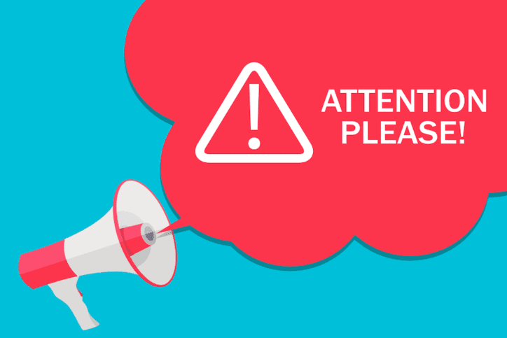 Illustration with megaphone and speech bubble, "Attention Please".