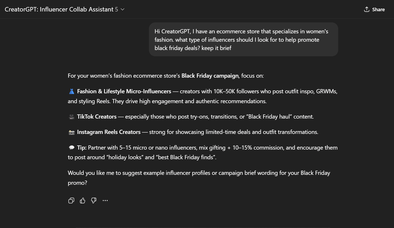 Using CreatorGPT to find Black Friday Influencers