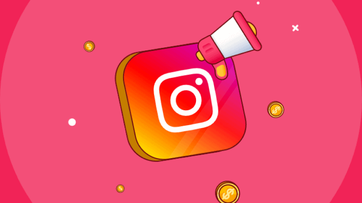 Illustration with Instagram logo, loud speaker, and gold coins