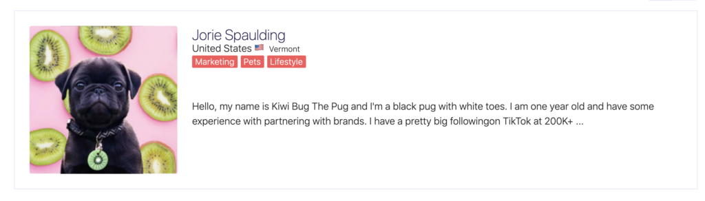 Jorie Spaulding with profile picture of Kiwi Bug The Pug