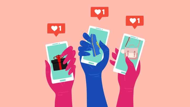 illustration of 3 hands with 3 phones liking products on social media