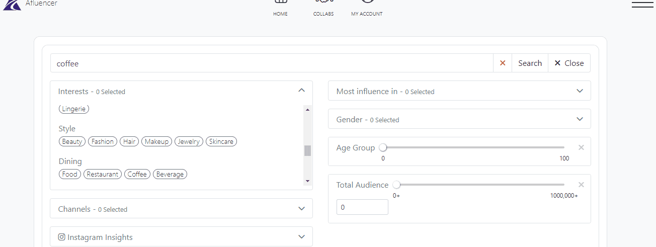 Afluencer search filter for coffee influencers