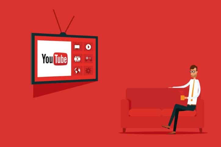 Illustration with red background of man sitting on red sofa watching YouTube on TV