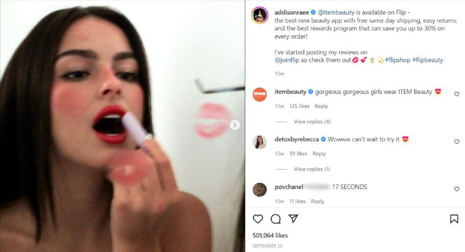 Addison Rae applying lipstick | Celeb IG post