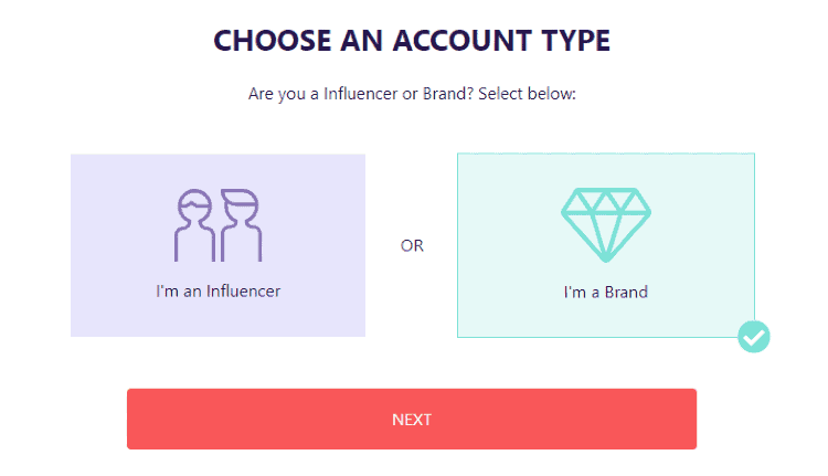 Afluencer registration | Choosing a brand account
