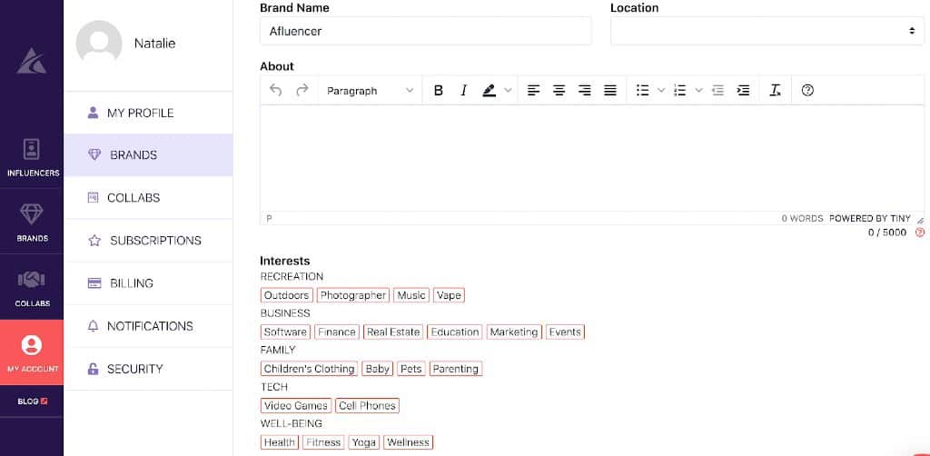 Afluencer Brand Profile Dashboard