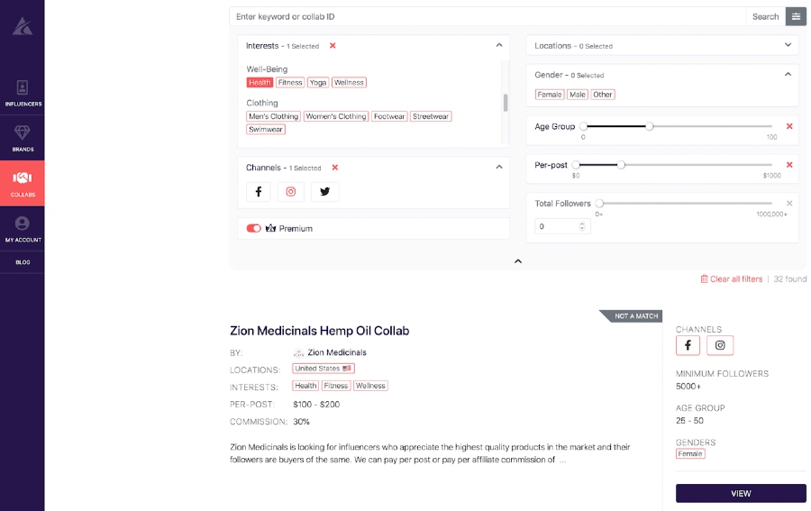 Afluencer dashboard | Collabs search filters