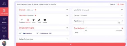 Afluencer app dashboard | Searching for influencers with filters