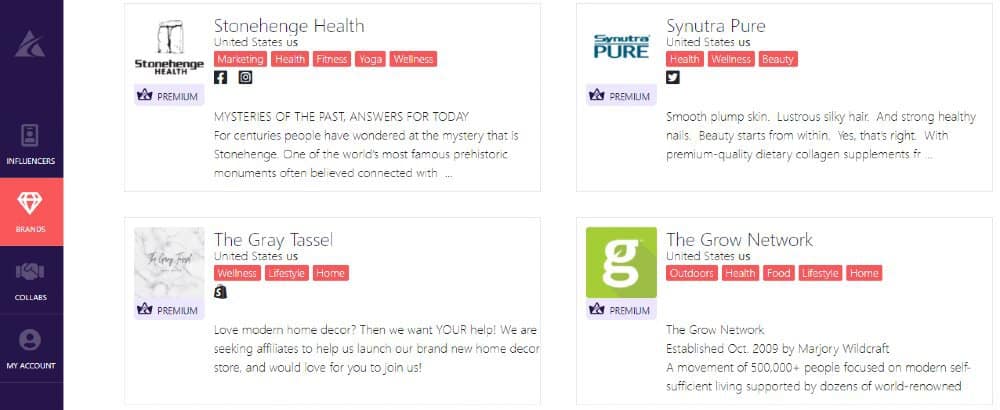 Premium Brands on Afluencer | App Dashboard View