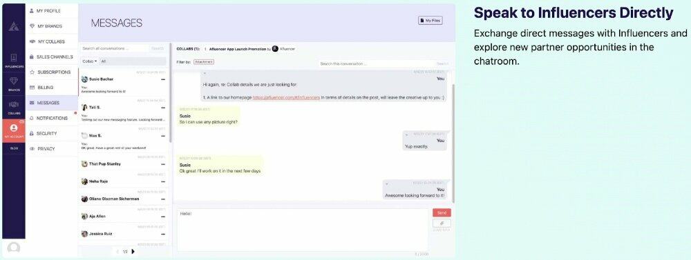 Afluencer app messaging feature | Influencer apps for Shopify