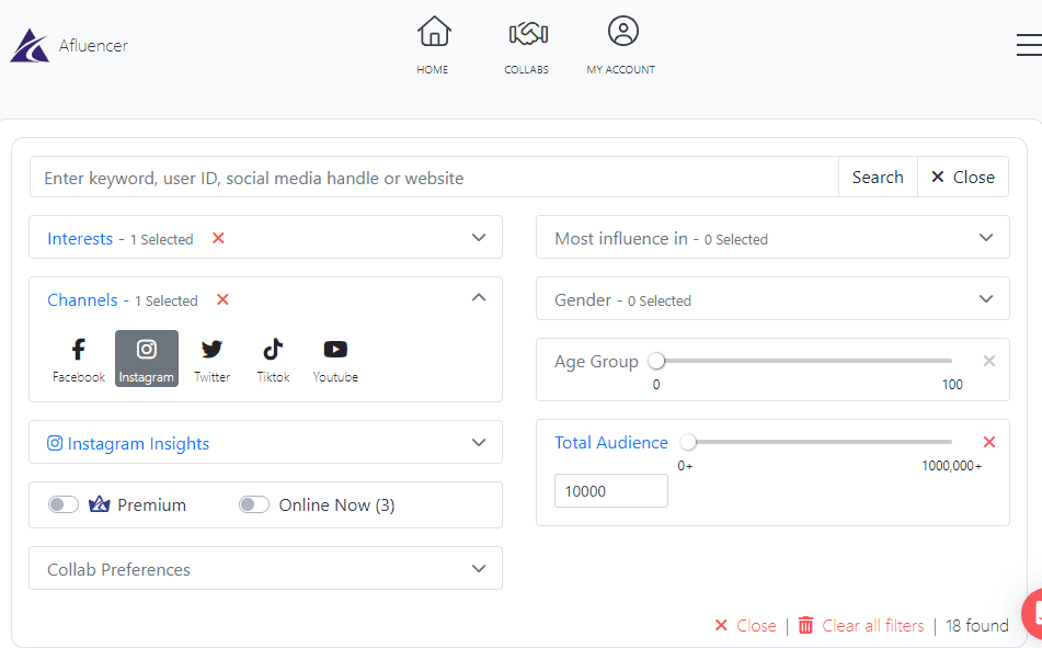 Influencer search options with filters | Afluencer app