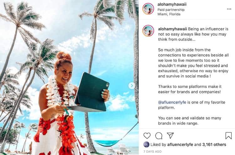 Alohamyhawaii | Instagram post promoting Afluencer