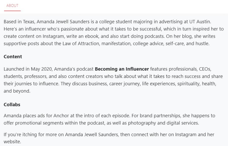 Amanda Jewell Saunders description about page on Afluencer app
