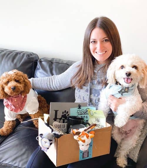 Amanda Sieger with Riley and Nala unboxing Dog Mom Box