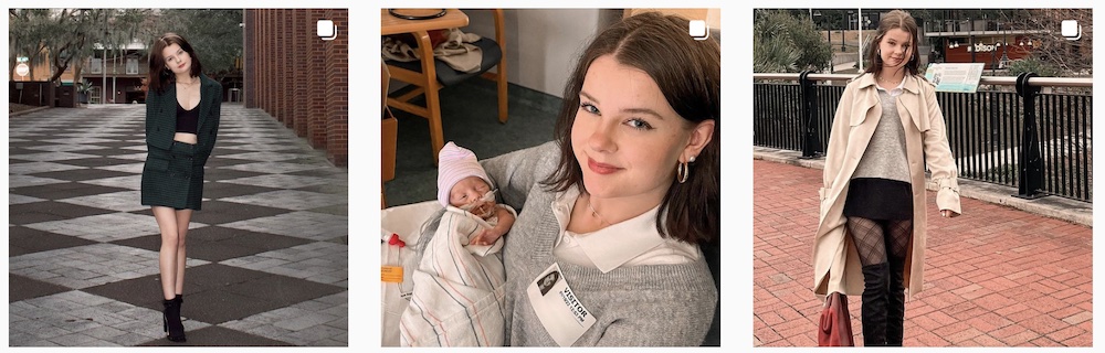 Aspen Sage cradling new born and fashion modelling | Instagram posts