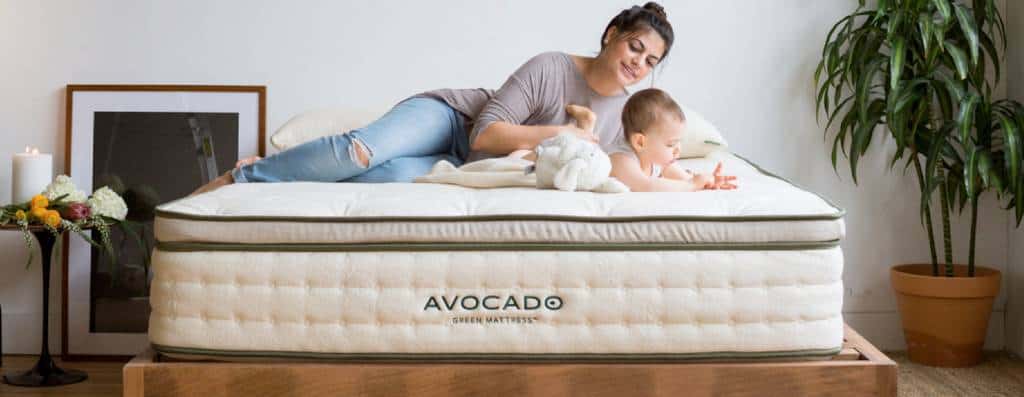 Avocado Green Mattress | Mother and baby lying on the bed