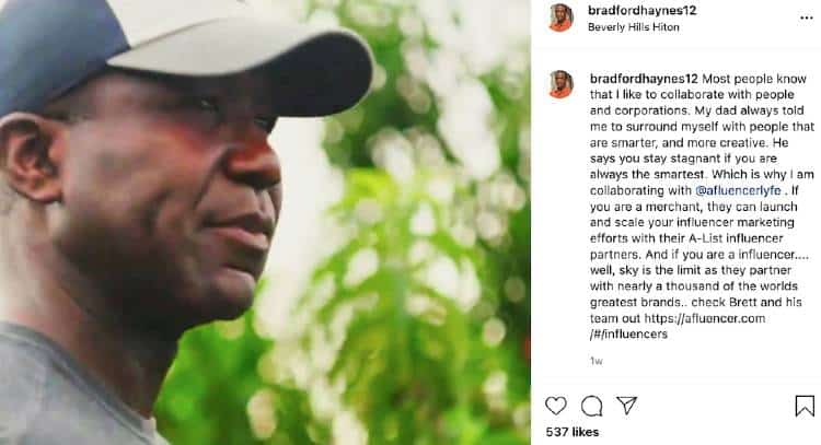 Bradford Haynes with baseball cap | Instagram post sponsored by Afluencer