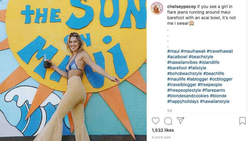 Chelsea PeCoy | Top Travel Influencers | Bell bottoms IG post