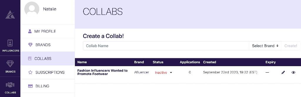 List of Afluencer Collabs to manage