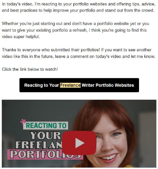 Colleen Welsch's newsletter promoting latest YouTube video | Creator ideas