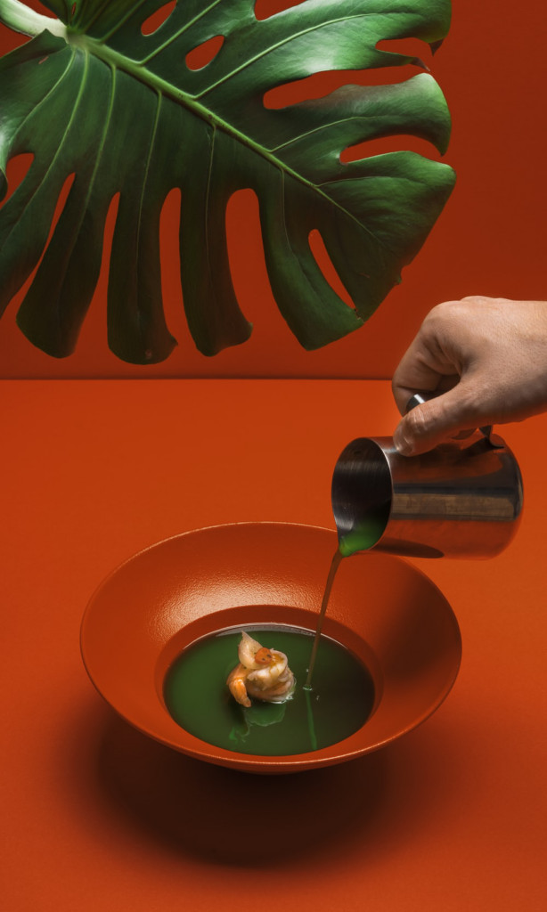 Pouring green soup into red bowl with red background | Food Photography Tips for Influencers