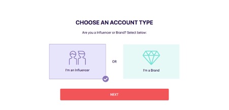 Choosing Afluencer account type: Influencer or Brand