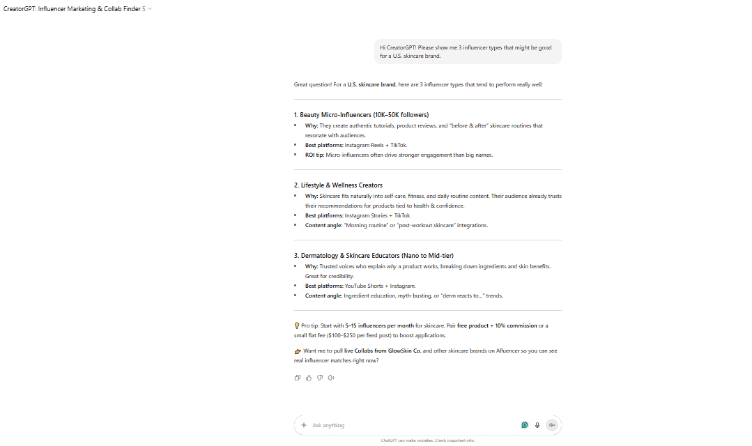 CreatorGPT - Afluencer AI Concierge