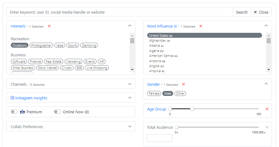 Free influencer search tool: Audience Filter