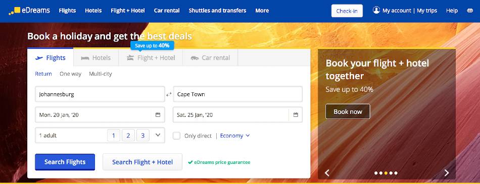 eDreams website | Booking filters for searching flights, hotels, car rental