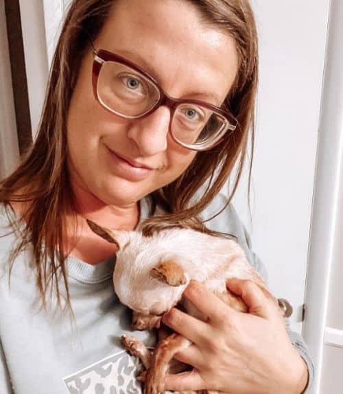 Ellen Ross cuddling her pet chihuahua