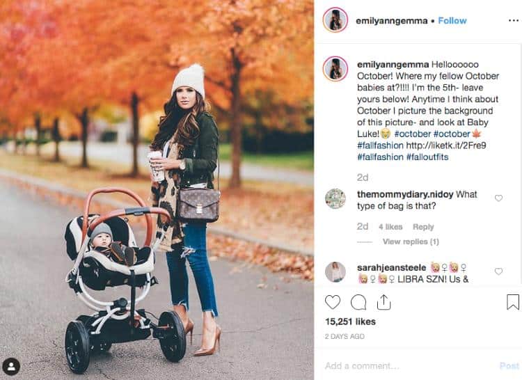 Emily walking in park with baby in stroller | Instagram post