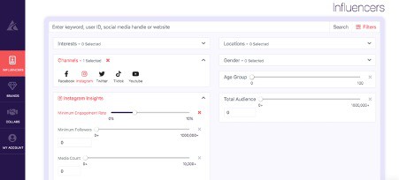 Influencer search on Afluencer app | Engagement filters