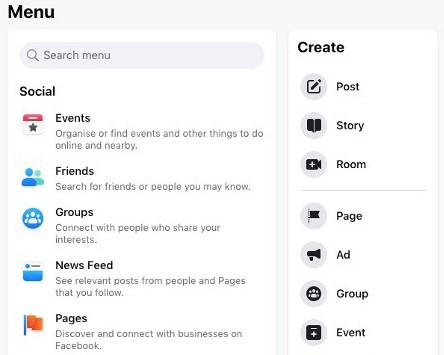 Facebook menu dashboard | Manage posts and pages