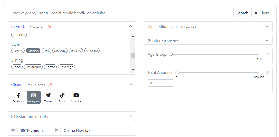 Free Hypeauditor Alternative: Afluencer Search Filter