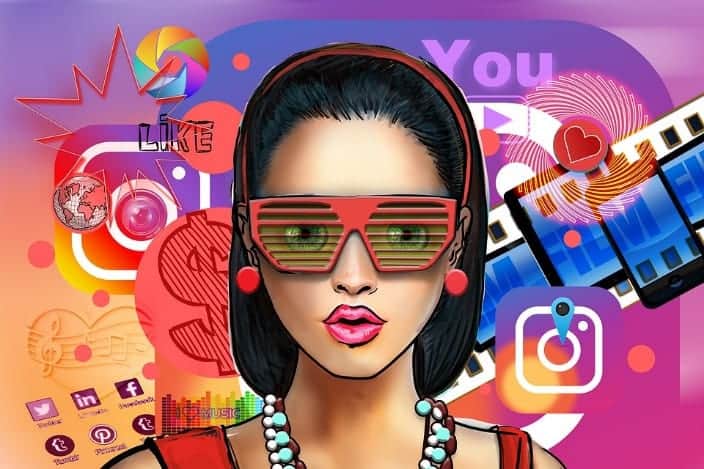 Colorful illustration of influencer, social media and engagement