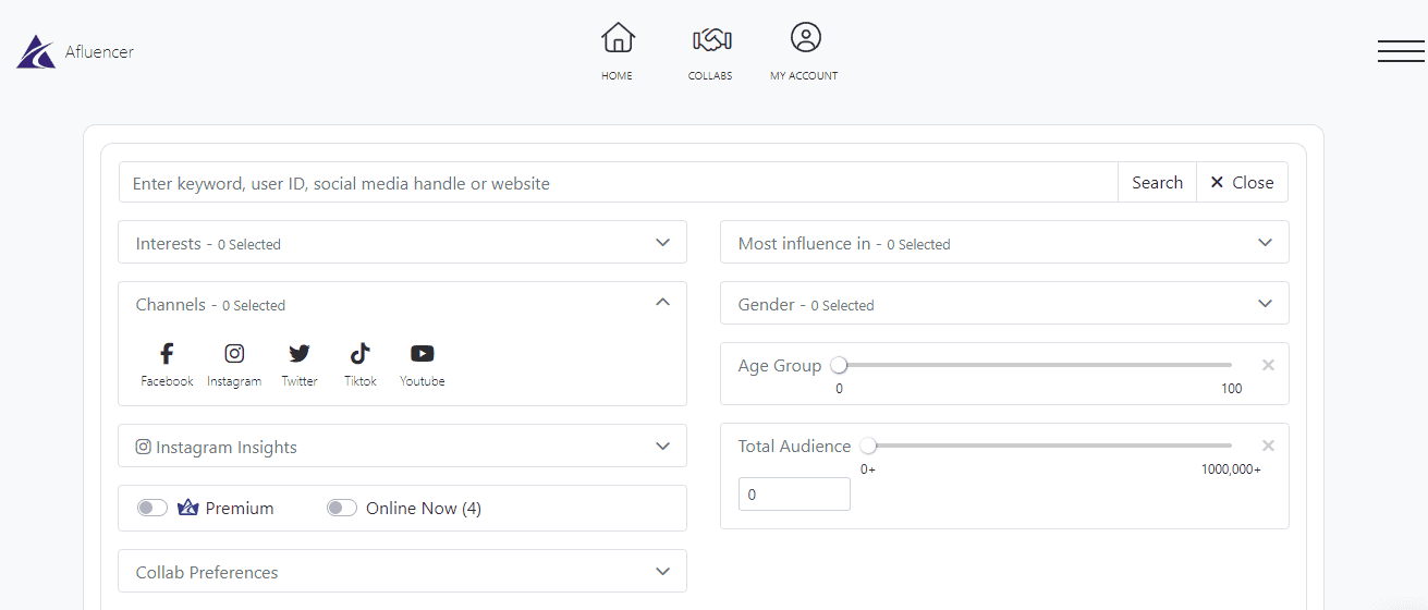Micro influencer agency: Afluencer search filter