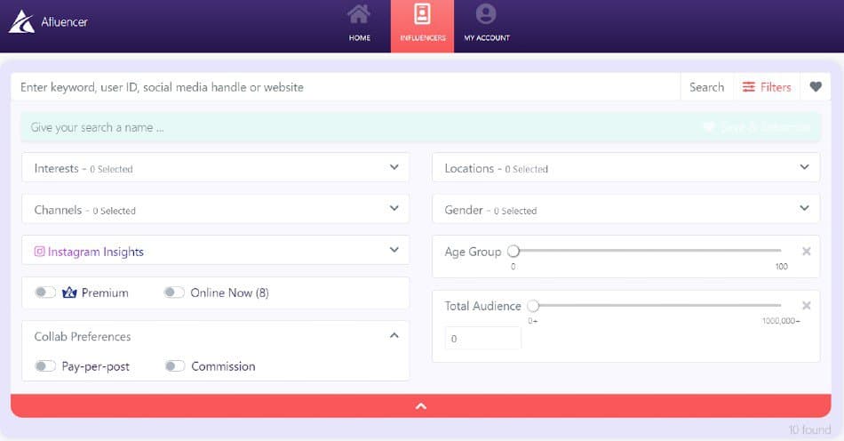 Afluencer search filters | Find and hire micro-influencers