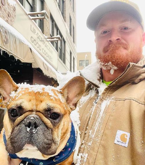 French Bulldog Stanley and his daddy in the snow