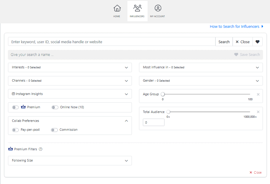 Afluencer Search Filters