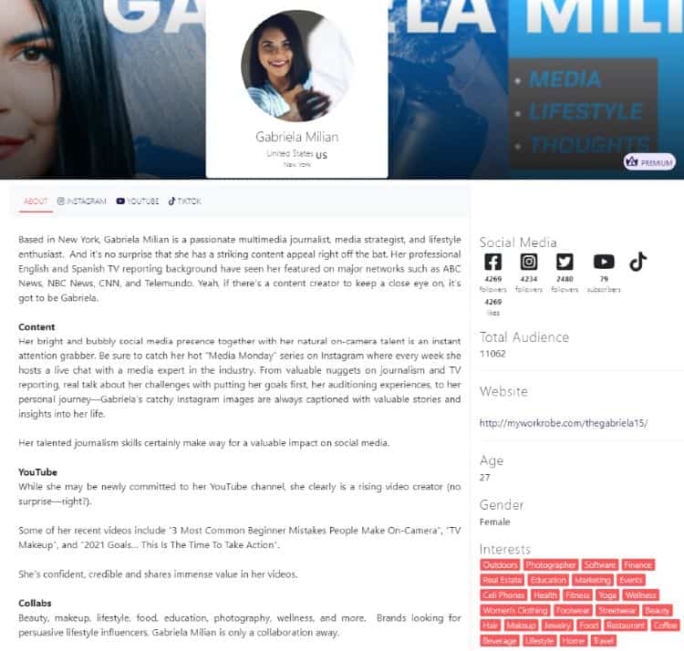Gabriela Milian Afluencer profile | Influencer media kits