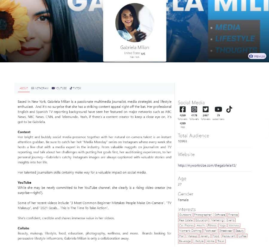 Gabriela Milian Afluencer profile | Influencer media kit sample