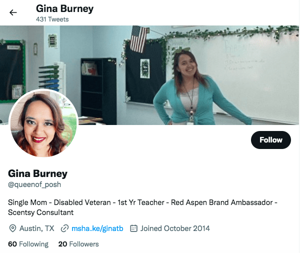 Gina Burney Twitter bio | Disabled influencers on Afluencer