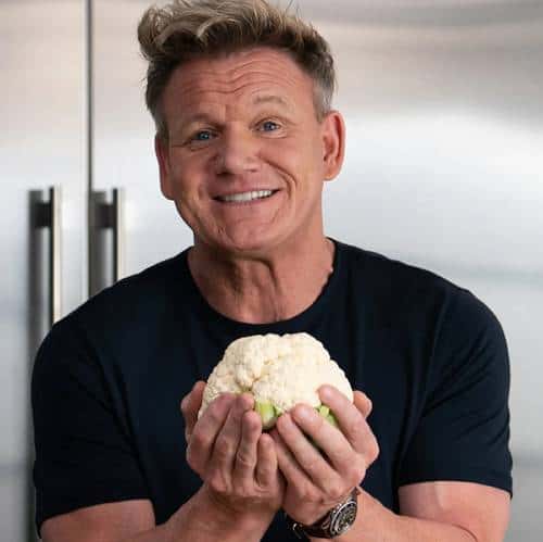 Gordan Ramsay holding up a ball of cauliflower