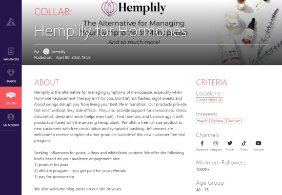Hemplily for Hormones | Brand collabs on Afluencer
