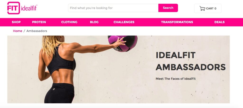 IdealFit website for brand ambassadors