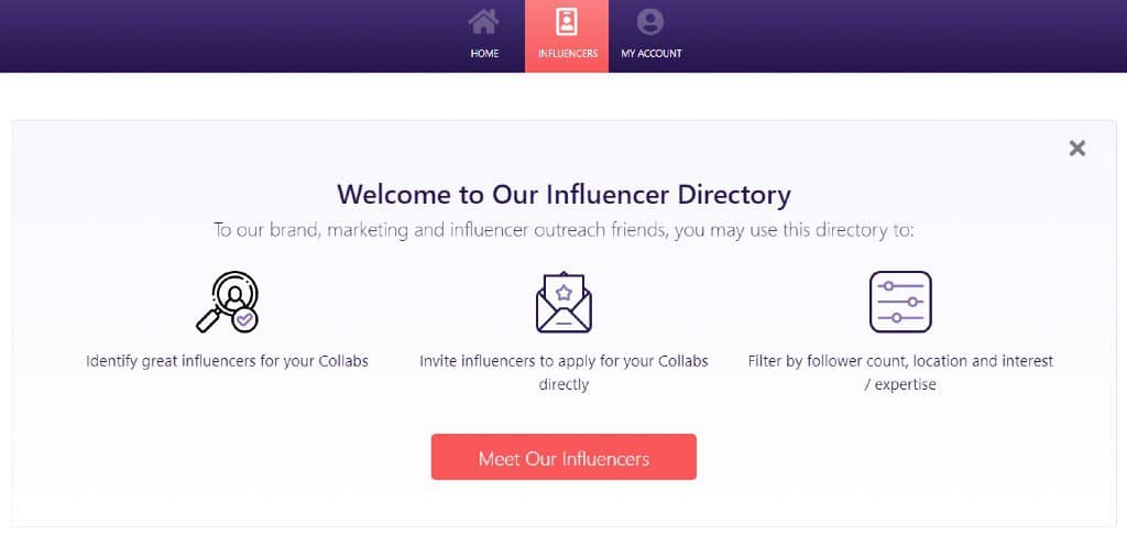 Influencer directory welcome page | Afluencer app