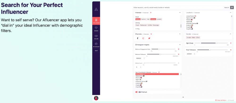 Afluencer app search filter | Shopify influencer app