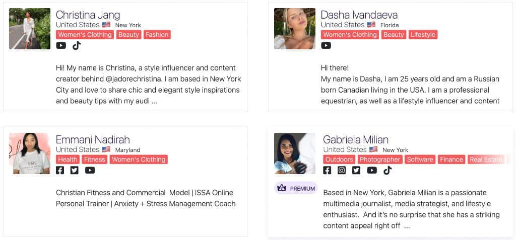 Profile snippets of influencers featured on Afluencer
