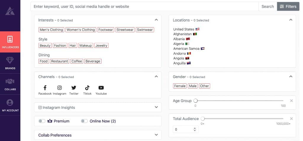 Afluencer app filter options for brands searching for influencers