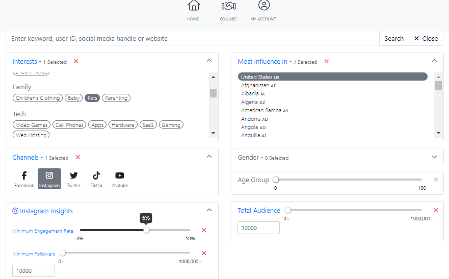 Instagram Influencer Platform - search filter